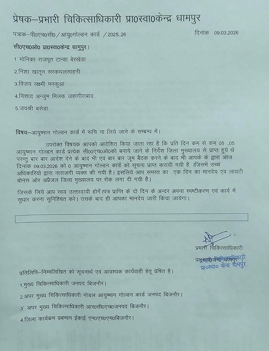 Janaksingh4321's tweet image. जब @nhm_up का स्पष्ट आदेश है कि #CHOs केवल AAM पर बैठकर स्वास्थ्य सेवाएं देंगे और अन्य कार्यों में ड्यूटी नहीं लगाई जाए,
तो फिर PHC धामपुर,जनपद बिजनौर में CHOs से आयुष्मान कार्ड बनाने का दबाव बनाया जा रहा है।
क्या स्थानीय अधिकारी NHM के आदेशों से ऊपर हैं?
@UPGovt
@brajeshpathakup