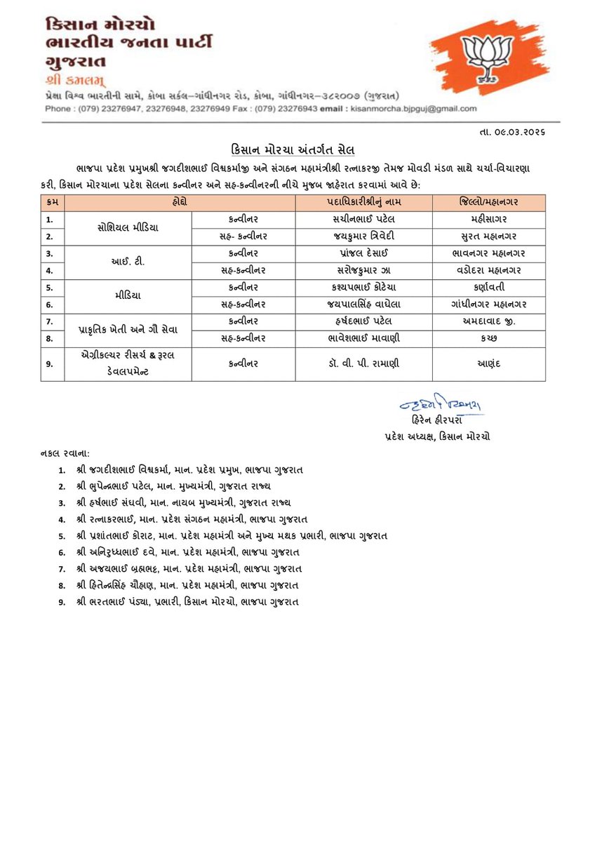 પ્રદેશ અધ્યક્ષ શ્રી <a href="/iJagdishBJP/">Jagdish Vishwakarma</a> ના માર્ગદર્શનમાં કિસાન મોરચાના પ્રદેશ પ્રમુખ શ્રી હિરેનભાઈ હીરપરા દ્વારા કિસાન મોરચાના પ્રદેશ પદાધિકારીશ્રીઓની નિમણૂક કરવામાં આવી.  

નવનિયુક્ત પદાધિકારીશ્રીઓને ખૂબ ખૂબ અભિનંદન અને શુભકામનાઓ.