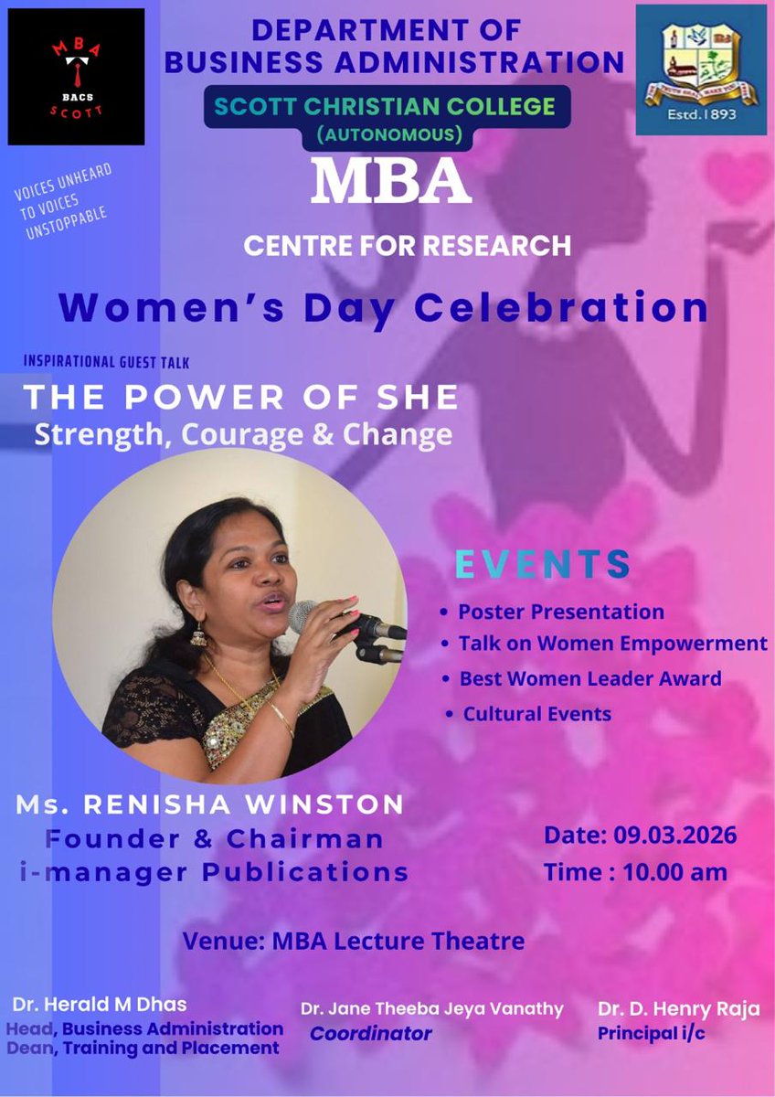 Renishawinston's tweet photo. It was wonderful to be among aspiring and ambitious young women of the Department of Management Studies, Scott Christian College, Nagercoil - 629 003  and deliver the speech for International Women's day on the topic - The Power of She. https://t.co/Qd4oZ2kAoD