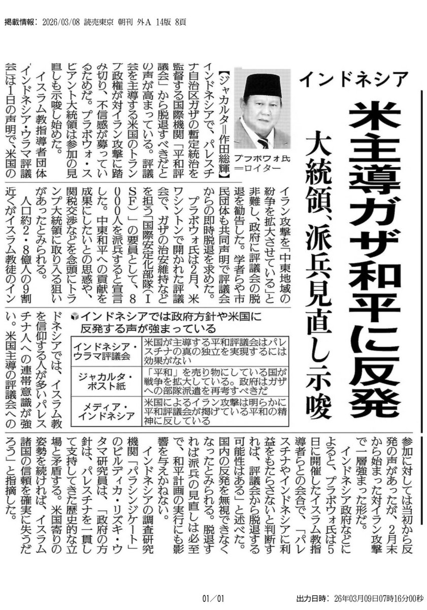 読売新聞のインタビューです。プラボウォ政権の政策は、一貫してパレスチナを支持してきたインドネシアの歴史的な立場と矛盾しています。