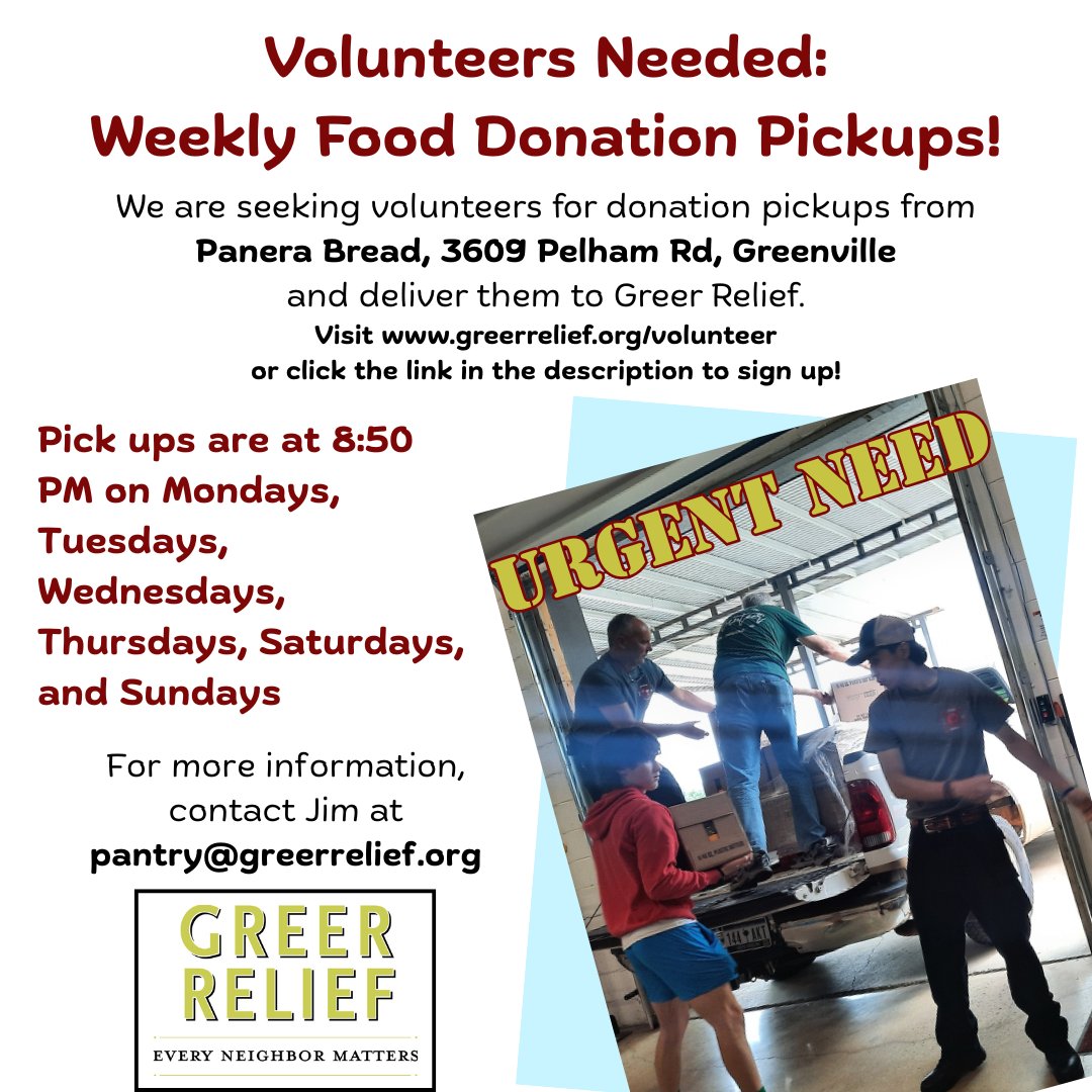 🚗 Volunteers needed to pick up donations from Panera Bread at 8:50 PM (Mon, Tue, Wed, Thu, Sat, Sun) and deliver them to Greer Relief.

Sign up: bit.ly/4kkt2qe 
 Questions: pantry@greerrelief.org

#GreerRelief #VolunteerGreer #FoodRescue #GreenvilleSC #GreerSC