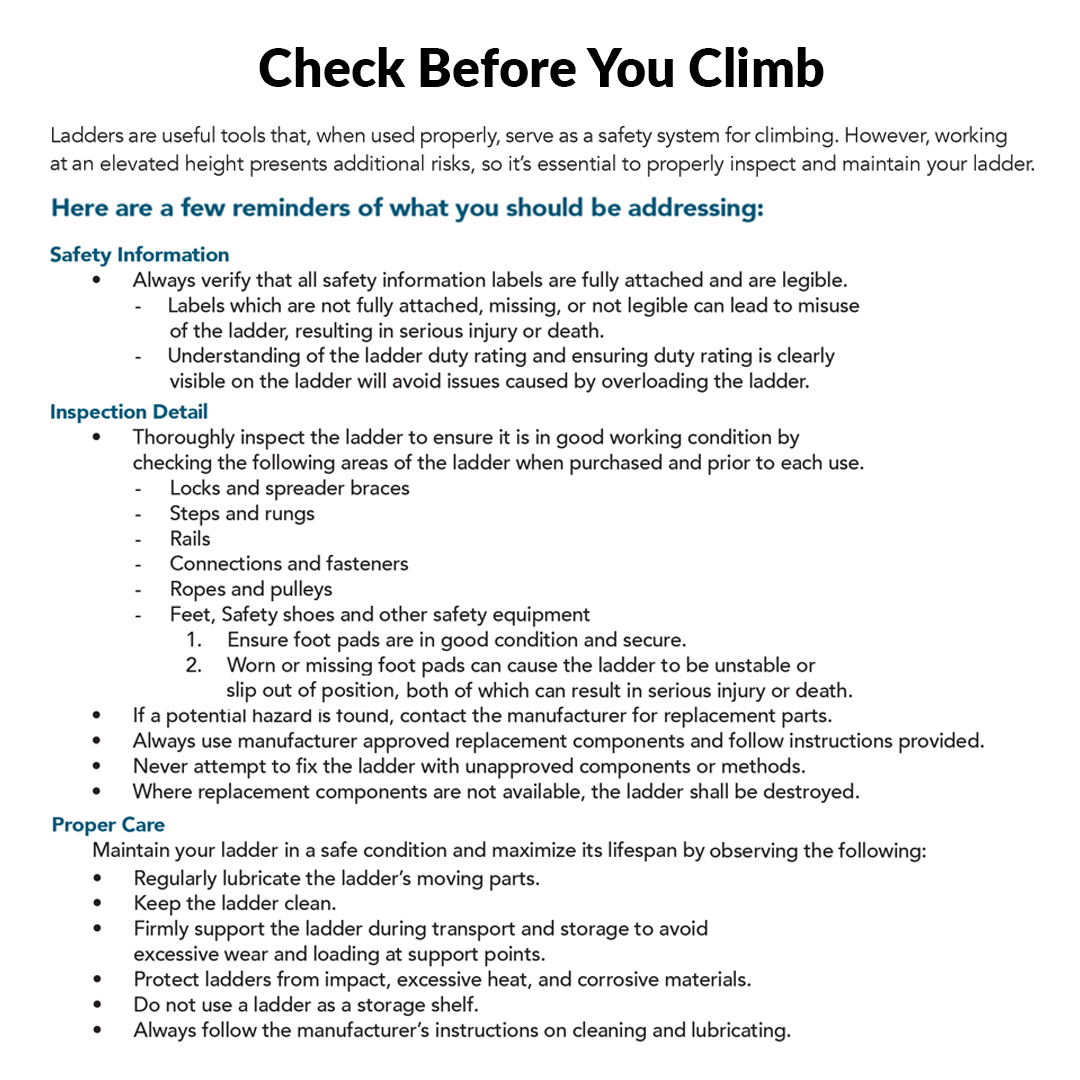LIUNAmidwest's tweet image. This week’s focus for #LadderSafetyMonth: Check before you climb! 

#Ladders are vital for working safely at heights, but working at elevated levels comes with added risks. Always inspect &amp;amp; maintain your ladder for a safe climbing experience! bit.ly/3PhrpwO

#LIUNA
