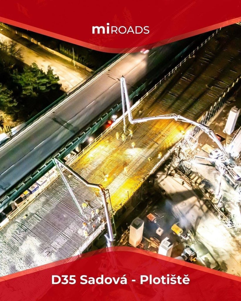 mi_roads's tweet photo. 📸 Mrkněte se na fotky z 24hodinové betonáže mostu na novém úseku 🛣 D35 Sadová - Plotiště 🟥⬜.
🌉 Nová mostovka SO 204 má rozměry 13,5m na šířku + 100m na délku a během nepřetržité akce jsme zde zpracovali celkem 1 200 m³ betonu.
#miroads #mi #mijsmemy #dalnice #D35 https://t.co/u9D56rTJf2