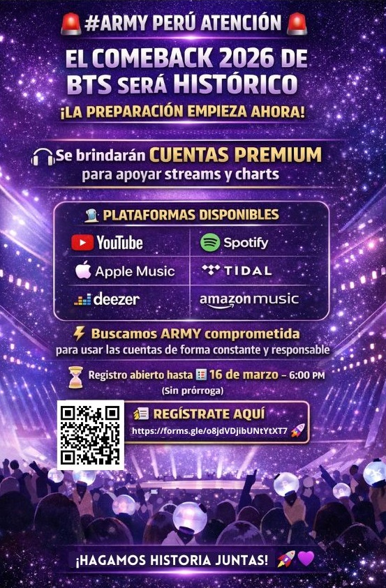 📢 #ARMY🇵🇪

El comeback de #BTS será HISTÓRICO y la preparación empieza AHORA.

Buscamos ARMY comprometida para usar cuentas premium en diferentes plataformas y apoyar streams.

⏳ Formulario abierto hasta 16/03 – 6:00 p.m.
📎 forms.gle/o8jdVDjibUNtYt…

💜Hagamos historia juntas.