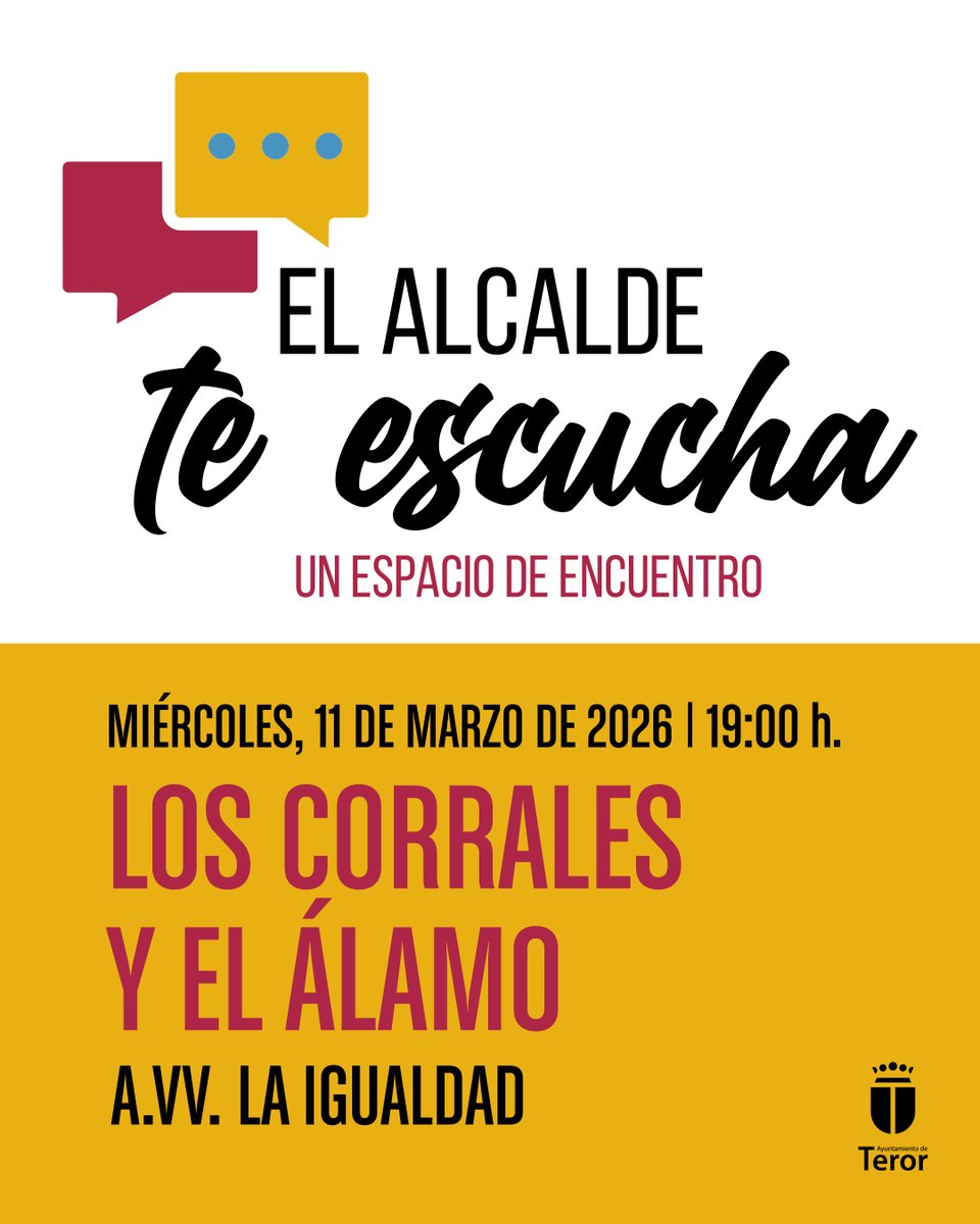 AytoTeror's tweet image. 👉 EL ALCALDE TE ESCUCHA 👂 el martes 🗓️ 10 con la vecindad de Los Llanos, en la A.V.V. San Francisco de Asís, ⏳ a las 19:00 h. ➡️ El miércoles 11 en 📍la A.V.V. La Igualdad, a las 19:00 h., con las/os vecinas/os de El Álamo-Los Corrales.
#teror
teror.es/el-alcalde-se-…