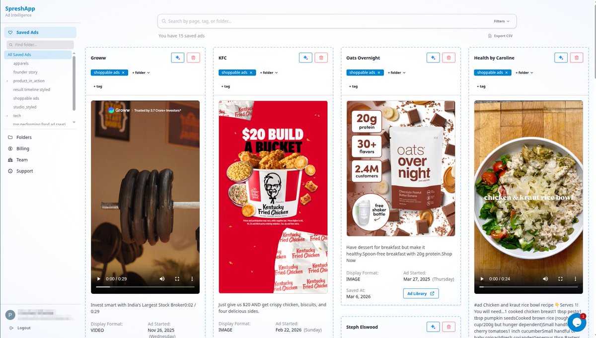 small ui wins add up

refreshed the saved ads dashboard  cleaner cards, better filtering

building SpreshApp in public!