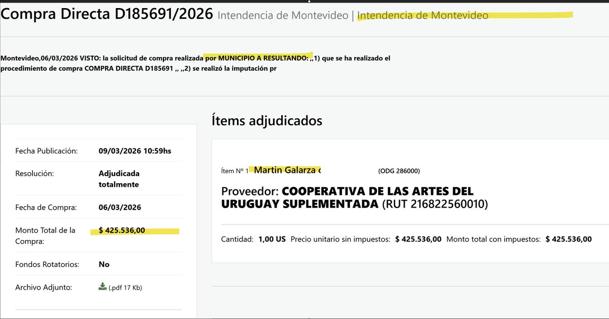 MartinFitz23506's tweet photo. CHANCHO: Los montevideanos pagaron a Martin Galarza $ 425.536 por intermedio del MUNICIPIO A para su contratación. https://t.co/X0KWA3t4Wx