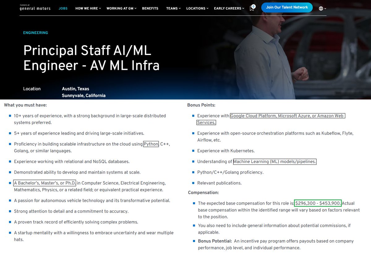 LuccasCorsino's tweet photo. Una de las empresas que más me gusta seguir para entender la demanda en perfiles de AI/ML es General Motors

Tienen dos sectores importantes dedicados a esto:

📊 Data Management & Analytics
⚙️ Engineering
💻 Information Technology

Actualmente tiene 200 puestos disponibles (US), todos relacionados a la implementación soluciones basadas en datos a través de modelos de Machine Learning para la industria.

👨🏻‍🎓Educación requerida: Bachelor’s, Master’s, or Ph.D

Respecto al stack: Python/Go, SQL y NoSQL, Azure/AWS, para orquestación Airflow, Kubeflow y Flyte, Kubernetes, Databricks y entendimiento en modelos/pipelines de Machine Learning.

La clave actual y también mirando hacía el futuro es dominar:

🟢 Autonomous driving
🟢 Robotics
🟢 Embodied AI systems