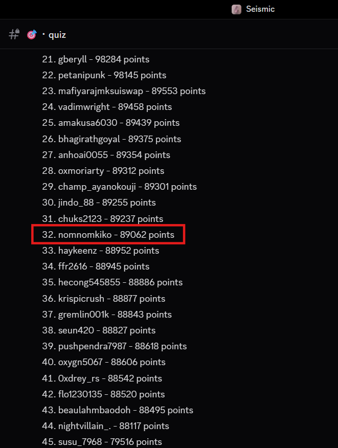 gMic!

After several attempts, I finally made it to the leaderboard in this week’s quiz. 😭

Don’t forget to join the quiz to test your knowledge and learn more about Seismic. 🙌🏻

<a href="/SeismicSys/">Seismic</a>
