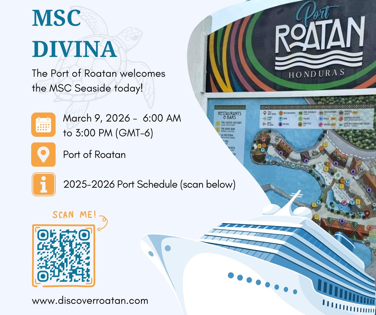 The Port of Roatan welcomes the MSC Divina today.

🛳 Schedule: March 9, 2026 - 6:00am to 3:00pm (GMT-6)

 ➡️ 2026 Port Schedule: hi.discoverroatan.net/kSoA

#cruise #caribbean #honduras #roatan #msc #msccruises #mscdivina  #portofroatan #discoverroatan