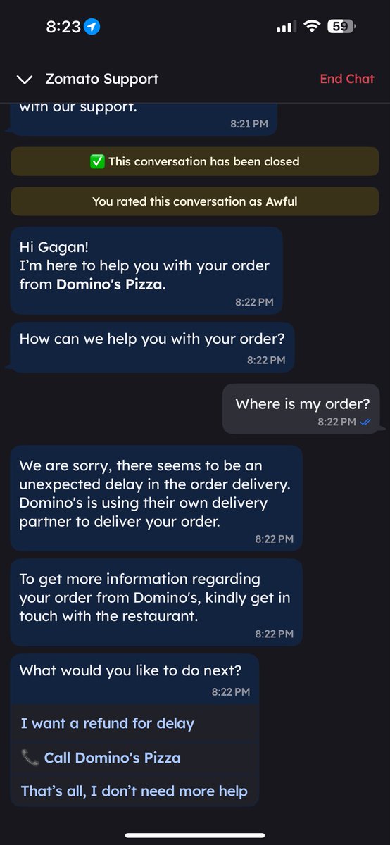 gmalhotra51's tweet photo. @zomatocare @zomato
Zomato has become a complete scam company.
I ordered pizza and others from dominos using zomato. Received wrong pizza, 2 items are missing and i am unable to contact zomato . What the hell is this? @jagograhakjago #Scam #government https://t.co/OfuE73Ux7p