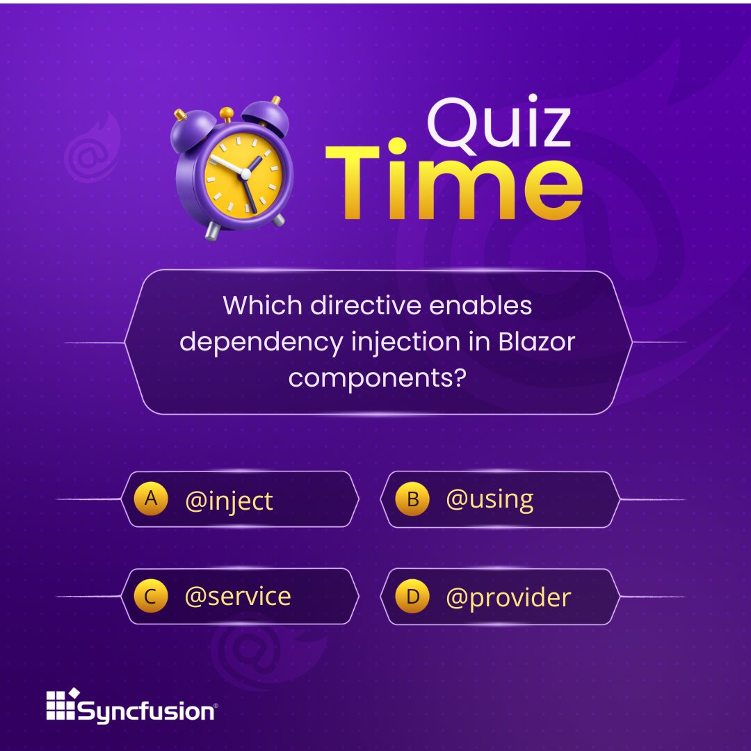 Syncfusion's tweet photo. 🧠Blazor Developers, this one's for you!

Let’s revisit a core concept used across many Blazor components ⚡

Think you know this one? 👀

👇 Drop your answer in the comments

#Blazor #DotNet #ASPNetCore #WebDevelopment #DeveloperQuiz #TechCommunity #Syncfusion https://t.co/NefErBQhDk