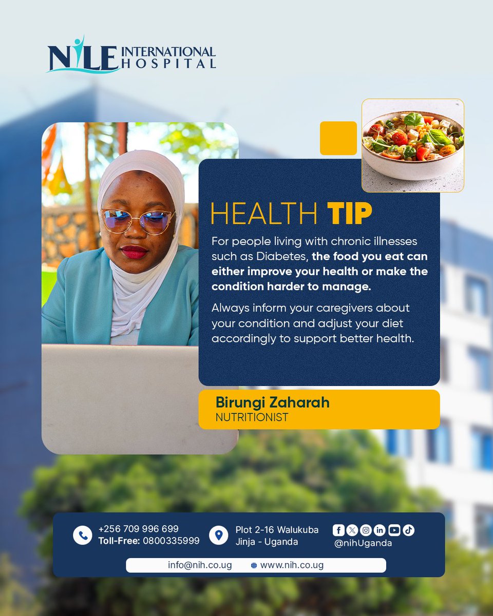 nihUganda's tweet image. After 40, your health deserves closer attention.

Conditions like Diabetes and Hypertension can be better managed with the right diet.

Visit the nutrition specialists at Nile International Hospital for guidance on healthier food choices.

#HealthyAfter40 #NutritionMatters