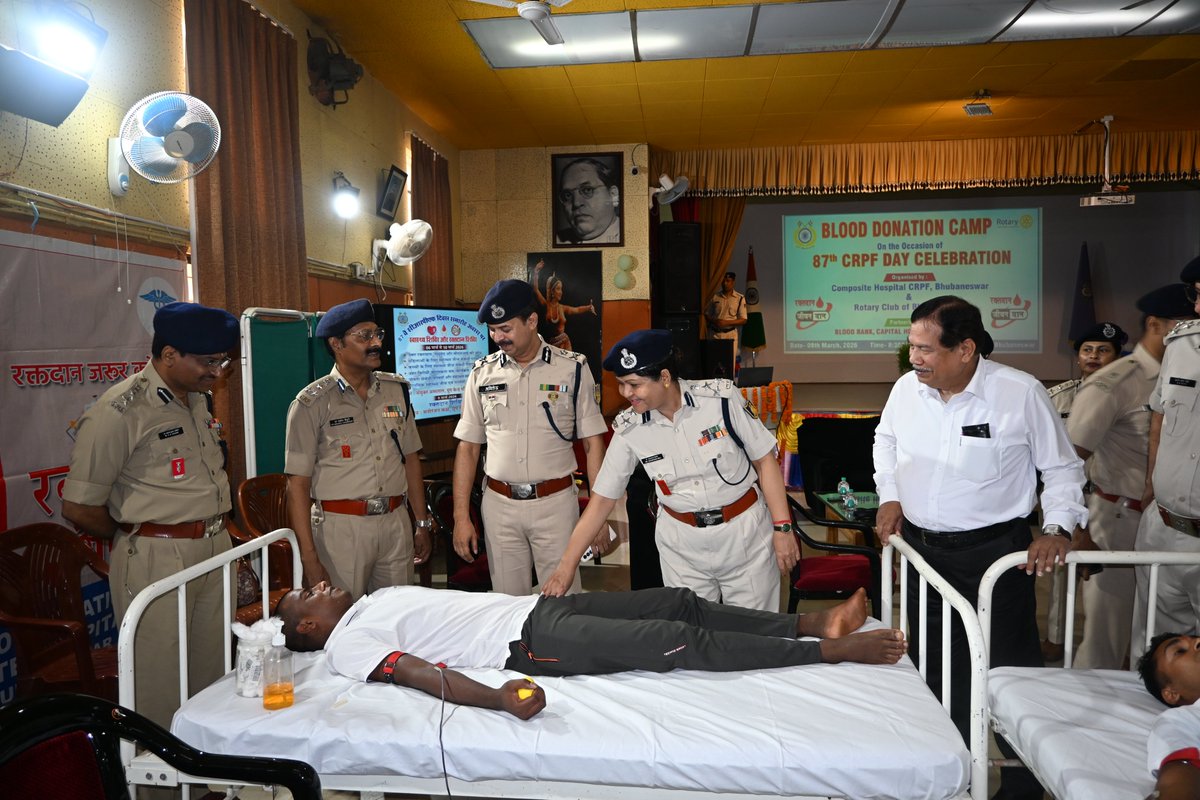 BbsrCh's tweet photo. Mega voluntary blood donation camp has been organised on 9.3.2026 in recreation room of GC BBSR in collaboration with #Rotaryclub and #CapitalSuperspecialtyMedicalCollegehospital. 56 CRPF personnel donated blood voluntarily, Occasion was graced by IGP Odisha sector &amp; DIG GC BBSR https://t.co/U3GT5YcWJ4