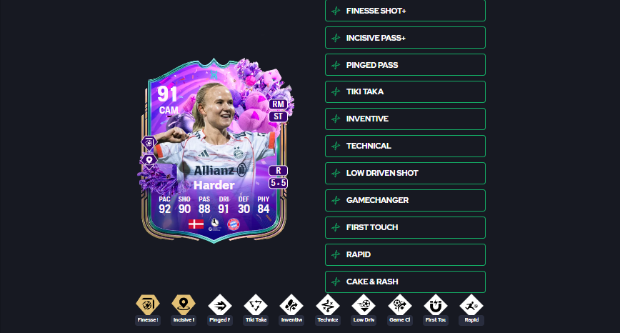 Coach_Venny's tweet photo. Pernille Harder 🔥

If you remember her TOTS last year you know how good this card will be! We went with a cam Build here!

Playstyles:
🔹Incisive Pass +
🔹Finesse shot +
🔹Pinged Pass
🔹Tiki taka
🔹Inventive
🔹Technical
🔹Low driven
🔹Game changer
🔹First touch
🔹Rapid

#FC26 https://t.co/COrQYoDU4o
