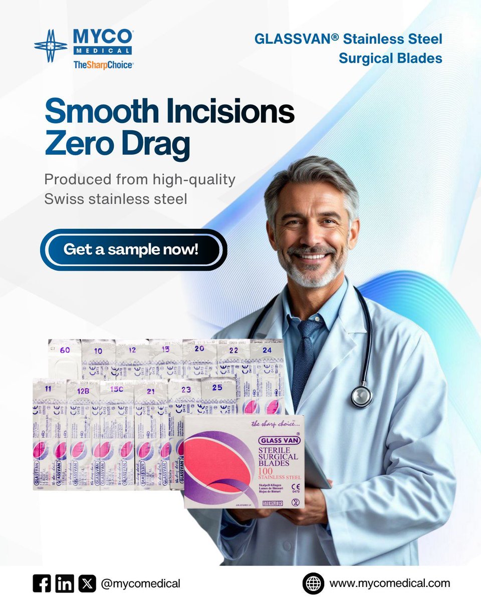 MYCOMedical's tweet image. Smooth cutting reduces fatigue and improves precision. Myco Medical GLASSVAN® Stainless Steel Surgical Blades glide effortlessly through tissue. Dive deeper mycomed.co/803df9 
 
#SurgicalCare #OperatingRoomTools #PrecisionBlades #MedDevices