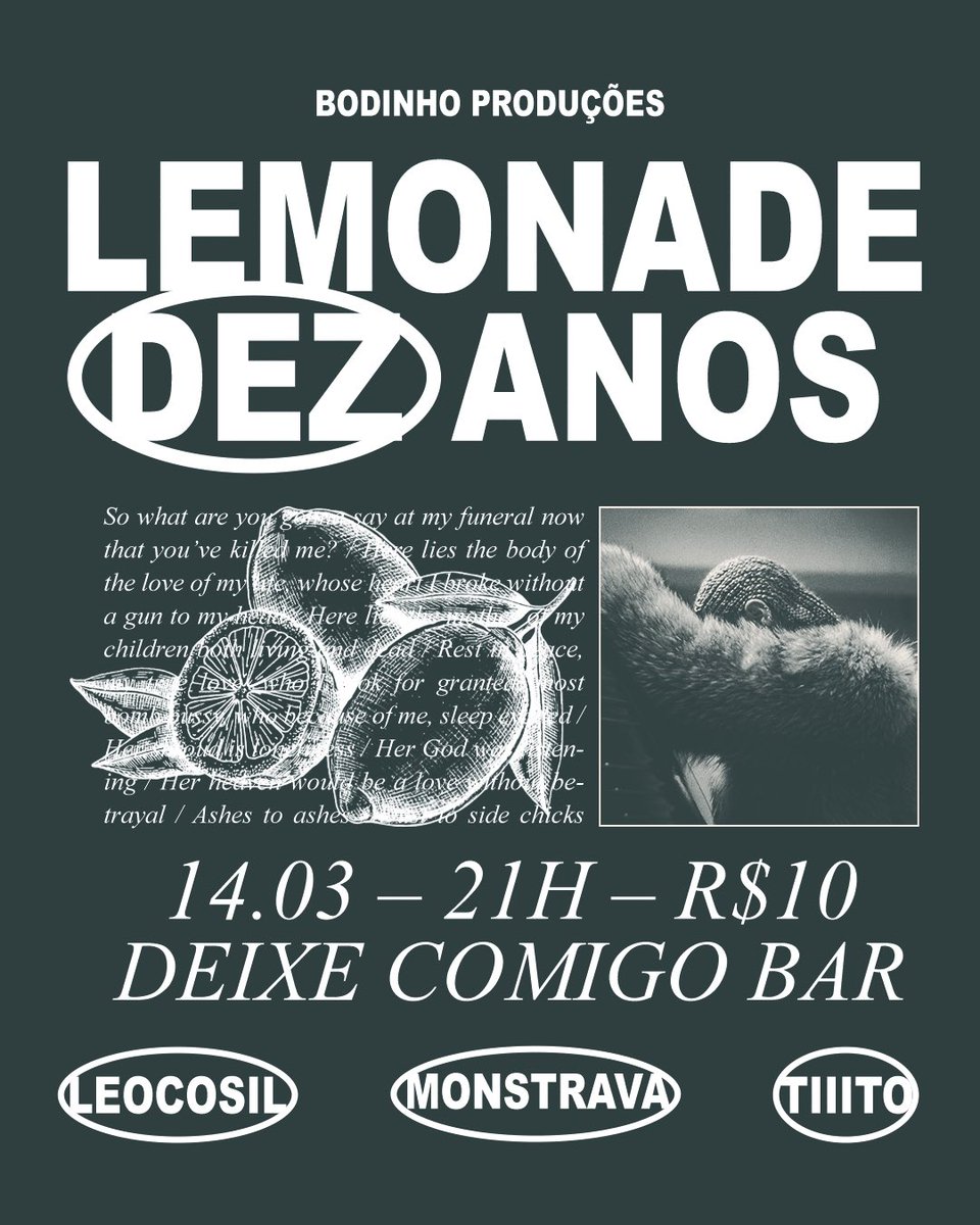 leocosil's tweet photo. lemonade 10 anos 🍋 há uma década @Beyonce lançou sua obra-prima e marcou a cultura pop. nesse sábado, dia 14, a gente comemora esse aniversário às 21h no deixe comigo bar com @monstrava, @djtiiito e eu fazendo vocês entrarem em formação. r$10 a noite toda, vai ser muito forte 🐝 https://t.co/m0w2XYvs3f