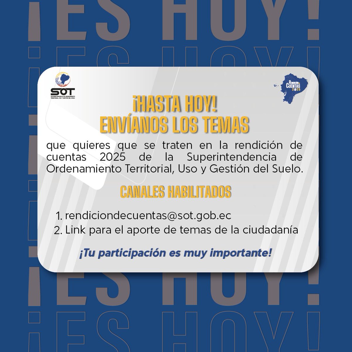 #RendiciónDeCuentas2025 | La Superintendencia de Ordenamiento Territorial, Uso y Gestión del Suelo informa a la ciudadanía que, hasta el día de hoy, 09 de marzo, se receptarán los temas y aportes destinados a la Rendición de Cuentas de #SOTEcuador. 

Para lo cual se encuentran