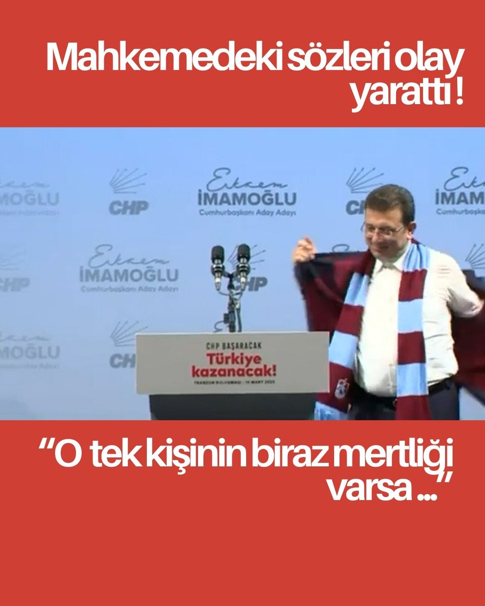 İMAMOĞLU'NDAN "MERTLİK" ÇIKIŞI !

Ekrem İmamoğlu'nun mahkemedeki sözleri, "helal olsun!" tezahüratları ile alkışlandı ! 

“O tek kişinin mertliği varsa bu insanları bırakır tek başına benimle mücadele eder.” 

 Ekrem İmamoğlu, 09.03.2026

#ekremimamoglu #trabzonlu