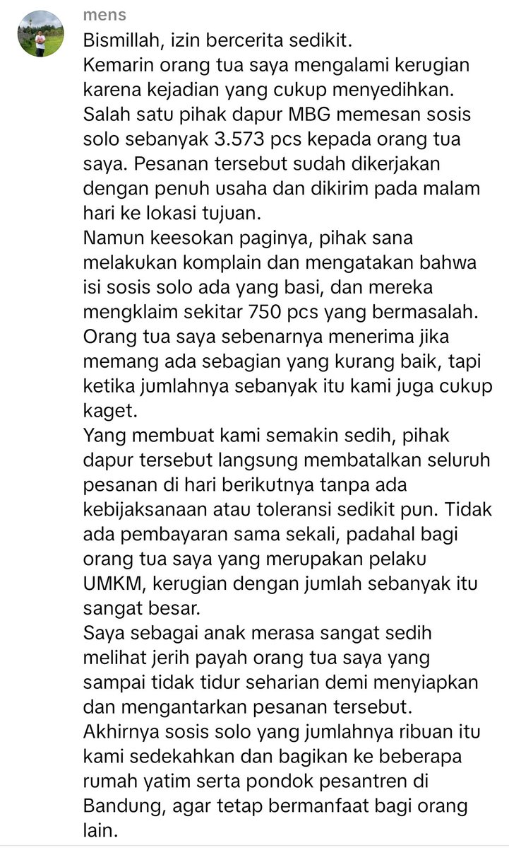 Ya mencurangi AKG, ya mencurangi harga bahan baku, ya mencurangi stock. Sekarang mulai banyak juga suplier yang dicurangi sama cecunguk-cecunguk kubangan lumpur (SPPG). Salah satunya ini. Terus yang terbaru yang curhat di facebook, ada produsen kacang koro juga yg didzolimi.

Hm.