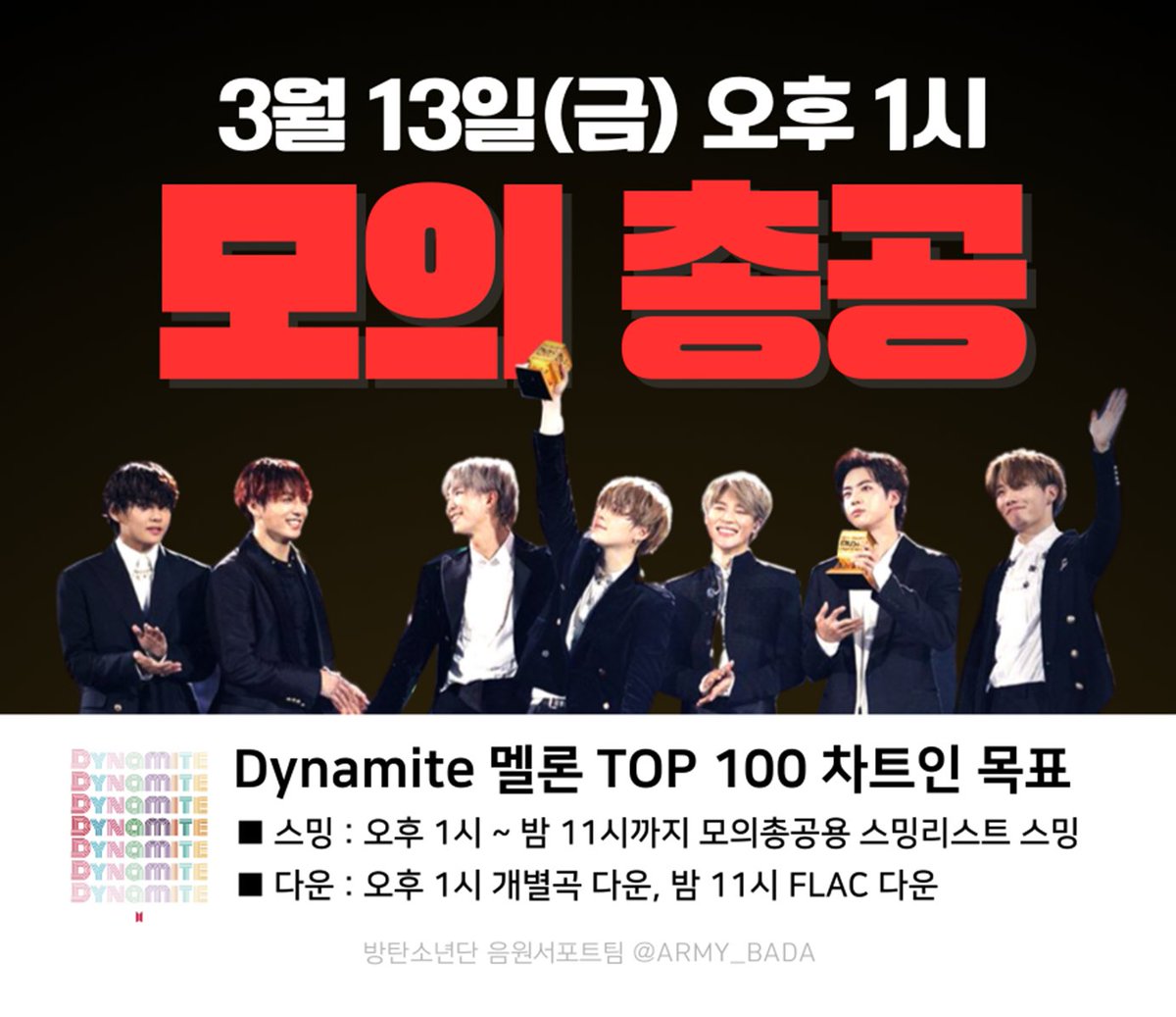 📢📢모의 총공 D-2일!!

지난 화력 테스트 참여 계정수는 3천,
이번에 TOP100 차트에 들려면 최소 5천 계정수 참여가 필요합니다!💪

모의 총공 소식을 모르는 아미가 없도록 첨부된 이미지를 활용해서 단톡방, 위버스, 스레드, 인스타, 틱톡, 단톡방에 홍보해 주세요!
#3월13일오후1시_아미모의총공