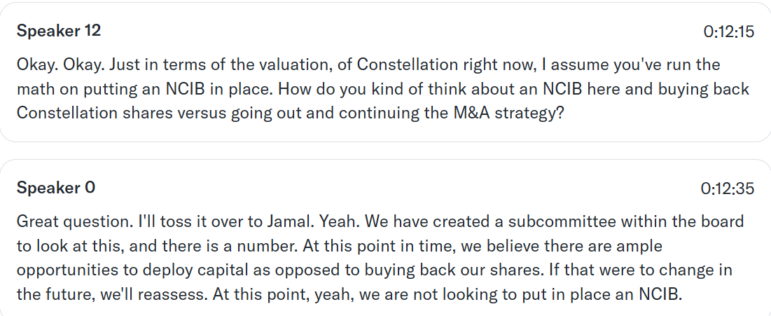 PointBreakout's tweet photo. Sharing the interesting takes from $CSU earnings call. 

No NCIB (which is good), but there is a price where they will buy back. Wonder what Miller's price is. https://t.co/XMrxhgBc5M