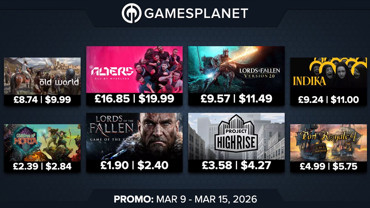 GamesplanetUK's tweet image. Clone yourself and sharpen your weapons with 94 new weekly offers on #TheAlters, #OldWorld, #LordsoftheFallen, #ChildrenofMorta and more! 😊

🔥gamesplanet.com/games/offers/w…
Deals end March 15th at 2am PT / 9am GMT