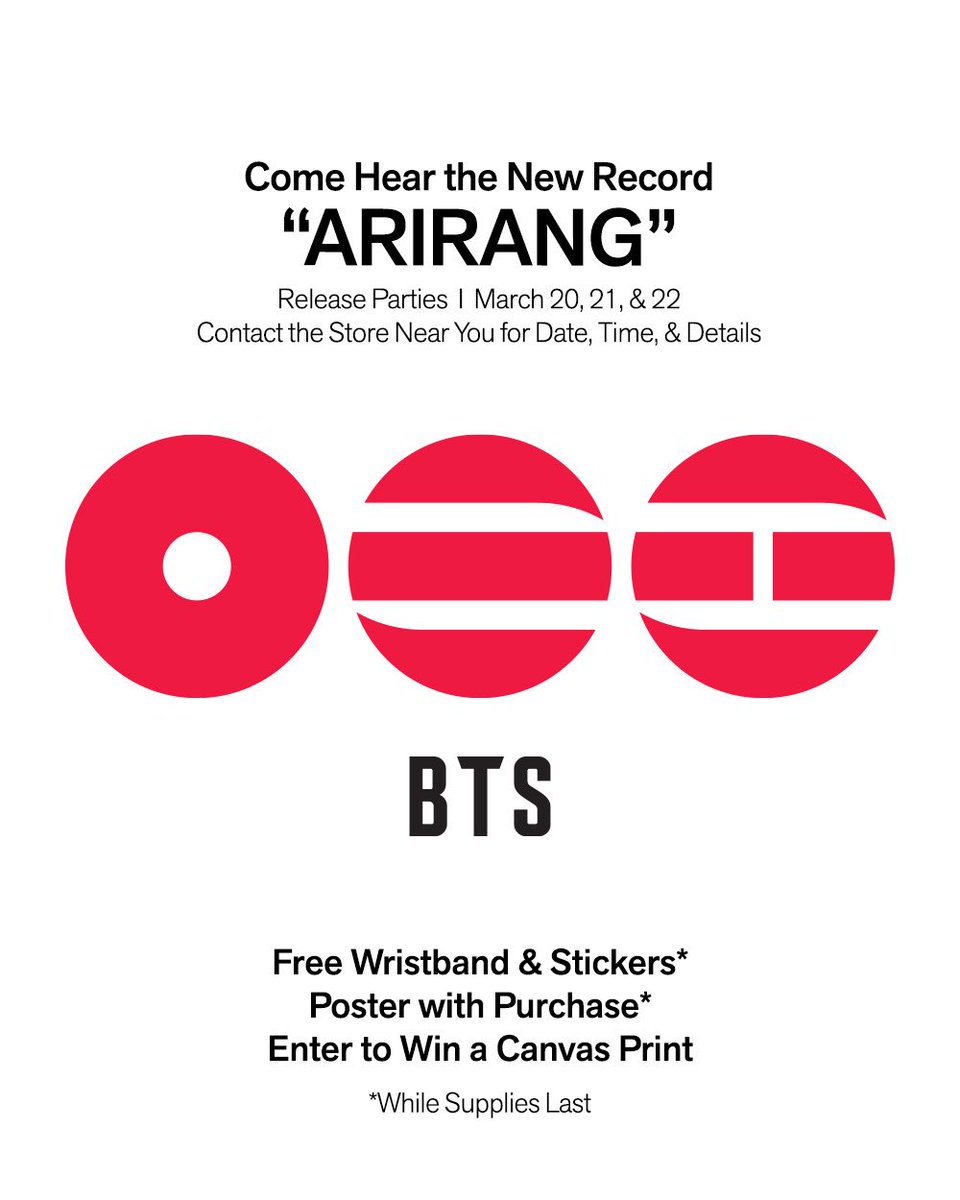 ARIRANG 
The new <a href="/bts_bighit/">BTS_official</a> album is coming March 20 and record stores are the place for ARMY to gather and celebrate!  March 20 - 22 across the US — find a store near you and follow them for dates, times and details: bit.ly/BTSEVENTS
#listentogether  #ListenToBTS