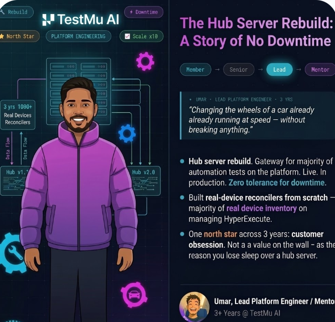 LifeTestMuAI's tweet photo. Changing wheels of a car already running.” 🚀
Umar rebuilt TestMu AI's hub servers live in production.
3 years.
As the reason you go from Member → Senior → Lead.
The roadmap has been exponential.
One constant: Customer obsession.
#lifeattestmuai #AI #Tech https://t.co/Zlo9roIdw5