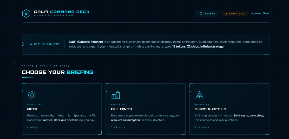 Been deep in the GalFi whitepaper so I built something

a full game wiki: NFTs, buildings, ships, mechs, missions, economy

50+ searchable items, 5 calculators,

the strategy guide for community and simulation lovers

free, works in any browser

<a href="/GalFiOfficial/">GalFi - Galactic Finance</a>  🐺