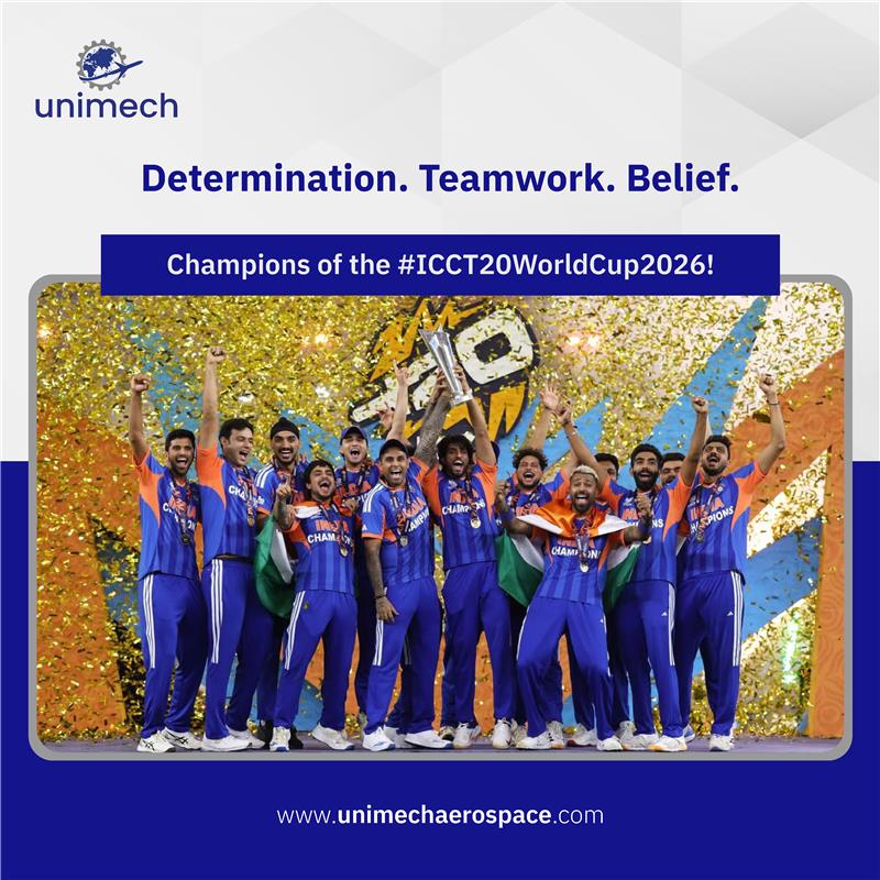 Champions of the ICC T20 World Cup! 
A proud moment for the nation as Team India shines on the biggest stage.
Congratulations to our Men in Blue  you’ve made the nation proud. Jai Hind! 🇮🇳
#TeamIndia #ICCT20WorldCup #WorldChampions #ProudMoment #JaiHind #Unimech #UnimechAerospace