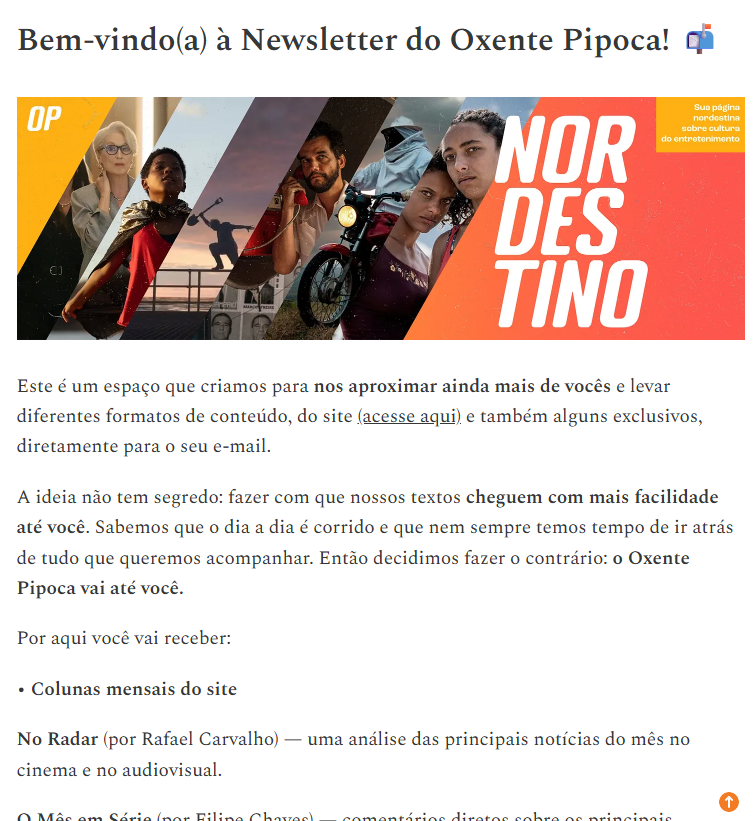 oxentepipoca's tweet photo. Tem novidade no Oxente Pipoca!

Agora também estamos no Substack 🧡

Na nossa newsletter (chegando direto pelo e-mail) você vai receber:
• colunas mensais do site
• uma edição semanal com tudo que publicamos

Críticas, entrevistas, festivais e temporada de premiações direto na sua caixa de entrada.

👉 Assine e não perca nada: https://t.co/5AAuRHcUHx