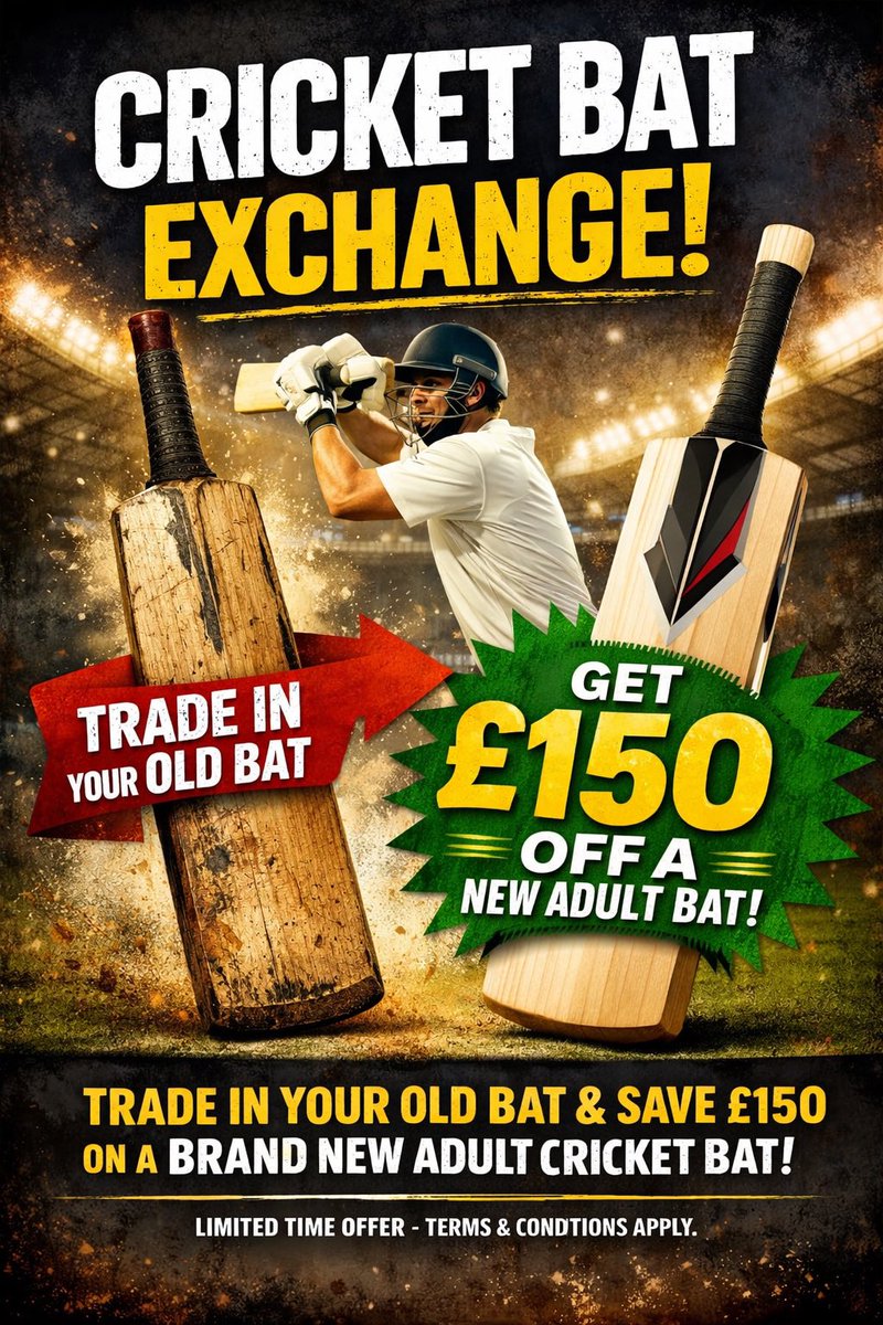 🏏 CRICKET BAT EXCHANGE IS HERE!

Got an old bat lying around? Time for an upgrade.

🔥 Trade in your old bat and get £150 OFF a brand new adult cricket bat! In store and online 🔥

Bring in your used bat and walk away with serious savings on your next weapon at the crease.