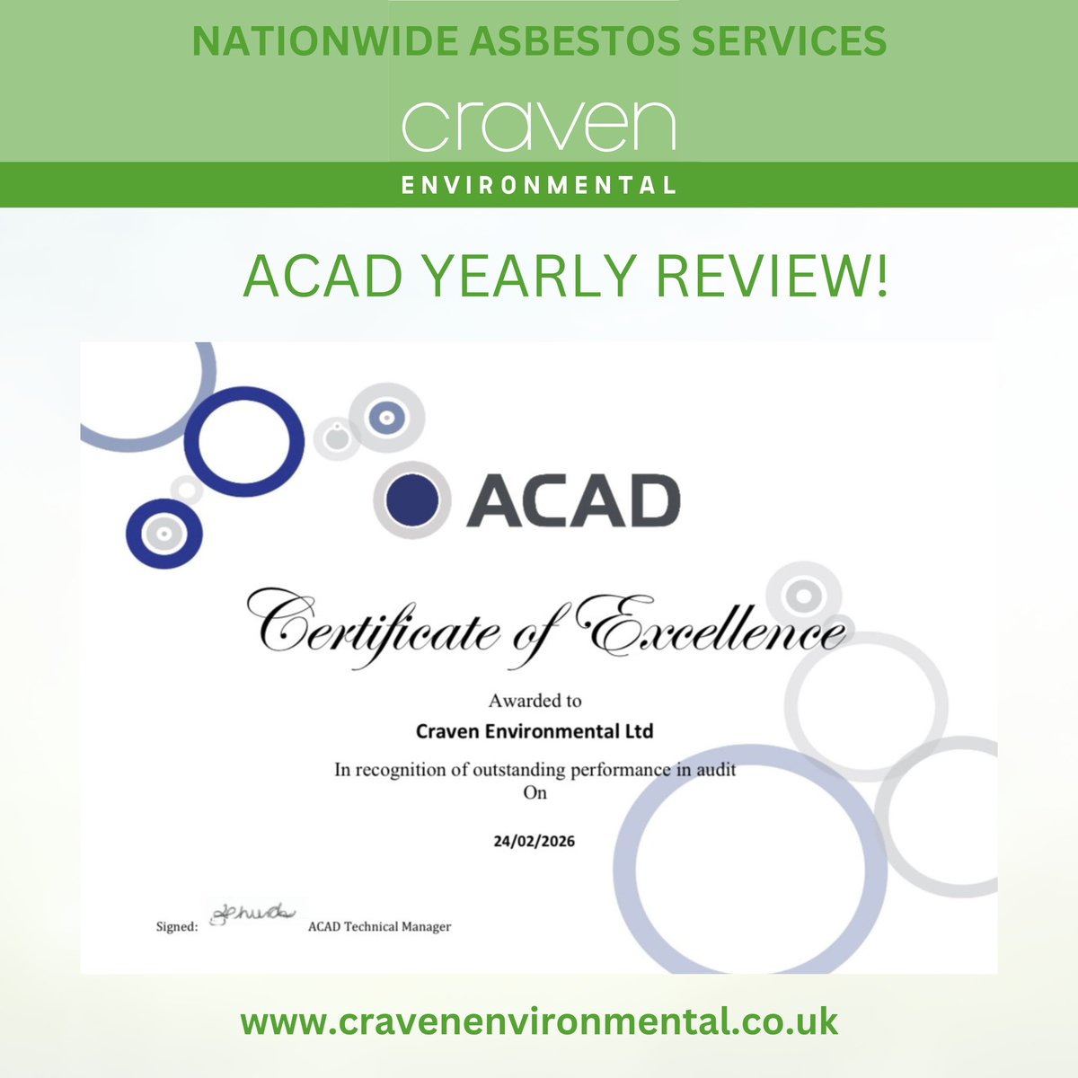 We’re proud to have successfully passed our ACAD yearly review and received a Certificate of Excellence for outstanding performance in audit. 

A great achievement for the team at Craven Environmental and a reflection of our continued commitment to the highest industry standards.