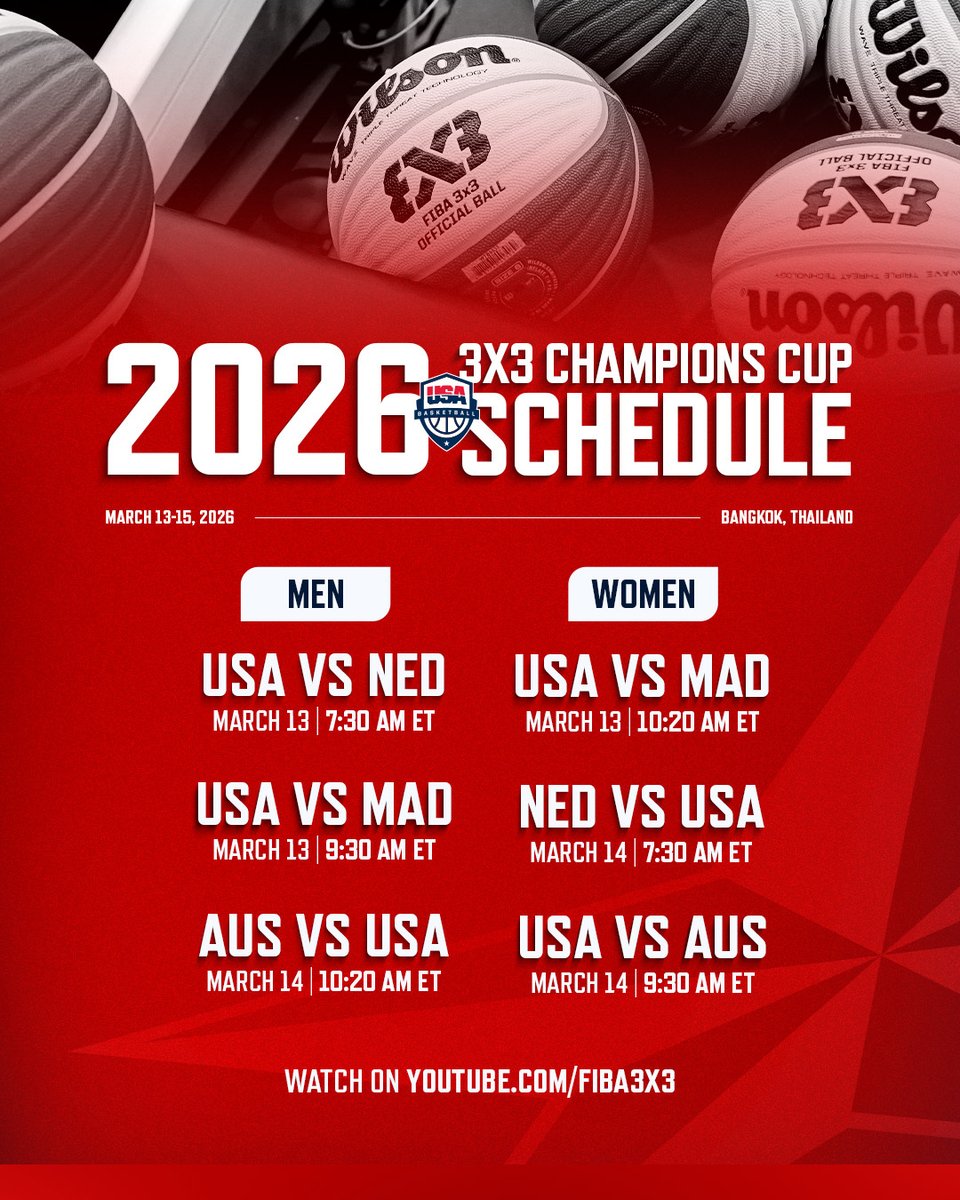 The 🇺🇸 #3x3ChampionsCup Schedule 🗓️⏰

Catch the action from Bangkok 🇹🇭 on YouTube.com/FIBA3x3!