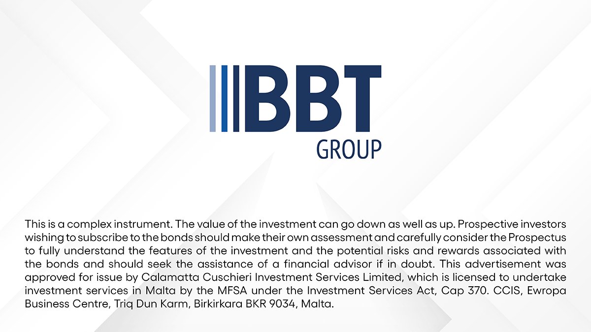 moneybaseapp's tweet photo. 📢 BBT p.l.c. announces €25M 5.4% Secured Callable Bonds redeemable in 2032–2036. You can apply via Moneybase app or website, or through Calamatta Cuschieri Advisors. 

This is a complex instrument. Your investment may go down or up. Learn more at:
https://t.co/6FUt0ZgEer https://t.co/QLu5fVowZf