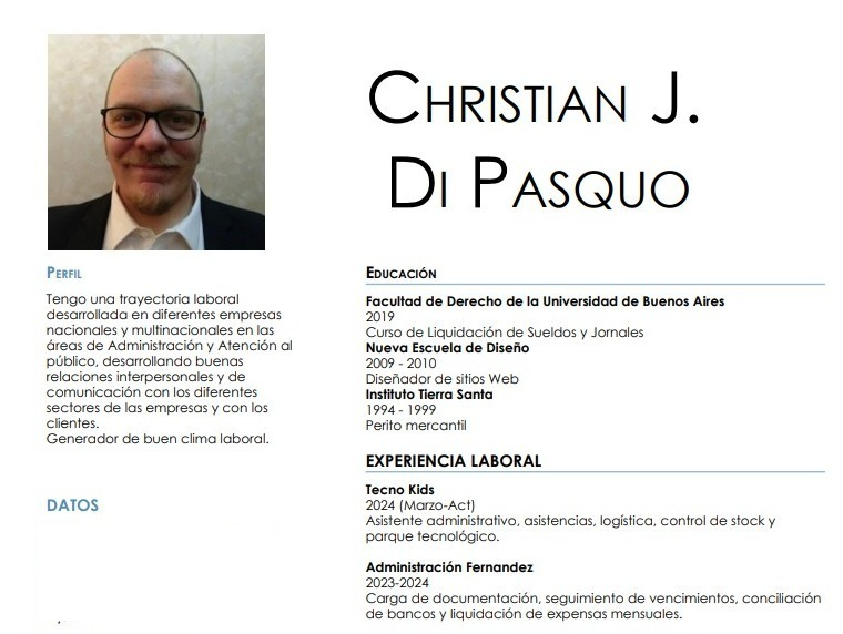 Gente, disculpen la molestia. Estoy buscando cambiar de laburo (o sumar otro, si lo puedo acomodar con el trabajo actual sería lo ideal). Envío el CV por privado.
Tengo buen trato con la gente, conocimientos de administración, paquete office y otros programas.