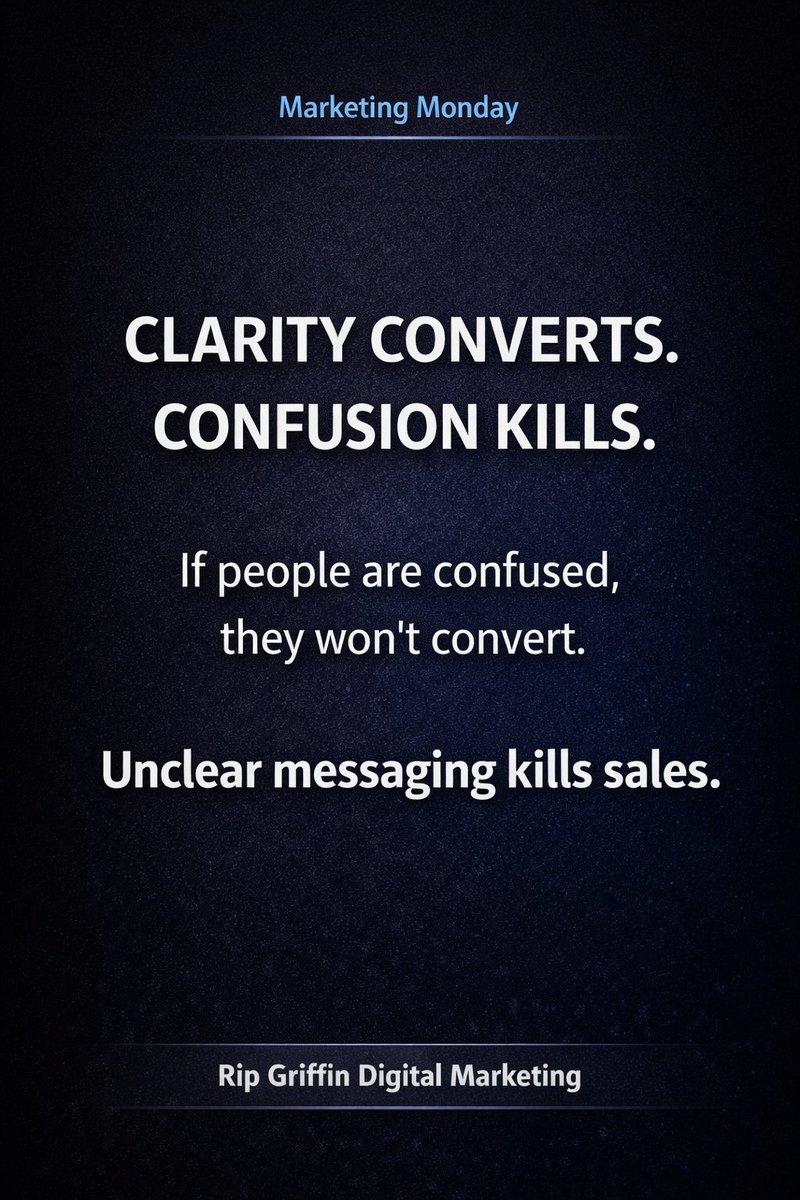 ✅ Monday – Marketing Monday

Clarity converts. Confusion kills.

If people are confused, they won’t convert.

It’s not your pricing.
It’s not the algorithm.
It’s not the competition.
It’s unclear messaging.
If someone can’t explain what you do in one sentence, your marketing is