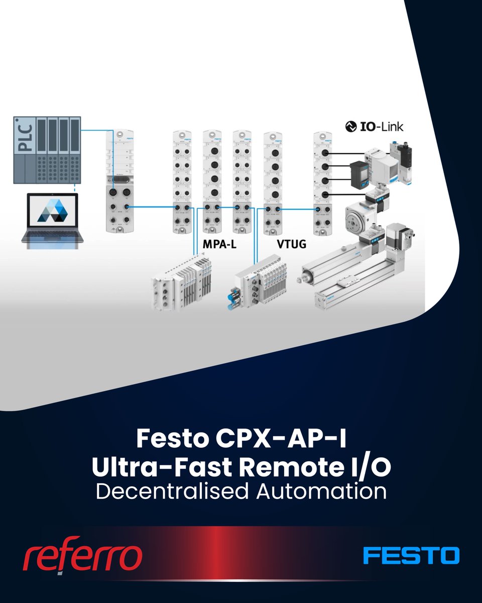 ReferroSystems's tweet photo. Is your current I/O system failing to keep up with high-speed production demands?

Experience the next generation of decentralized automation with the Festo CPX-AP-I Remote I/O system. Offering superior performance with ultra-fast Mbps communication and the ability to connect to modules, this system is built for the high throughput demands of South Africa’s automotive and packaging industries.

Achieve maximum performance through modular, decentralized automation.

🔗 info@referro.co.za

#ReferroSystems
#Festo
#CPXAPI
#Automation
#RemoteIO
#SmartManufacturing