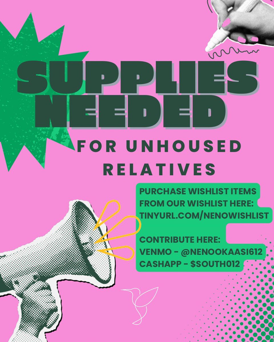 Boozhoo Supplies are needed for unhoused relatives! Please purchase wish list items at 
tinyurl.com/nenowishlist

Or contribute financially here
Venmo - @NENOOKAASI612
Cash App - $SOUTH012