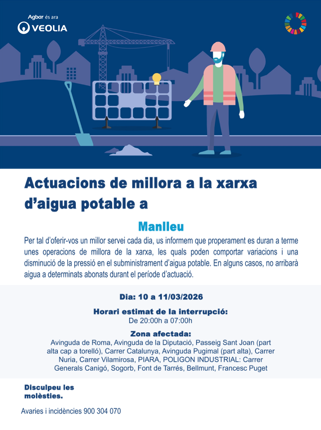 ajManlleu's tweet photo. ⚠️ Avís de tall de subministrament per treballs de manteniment 

Veolia interromprà temporalment el subministrament d'aigua  (tall o disminució de la pressió). 

🗓️10 i 11/ de març de 20h a 7h.
📍Zones afectades: Meitat nord del municipi https://t.co/vNDPuKvi5t