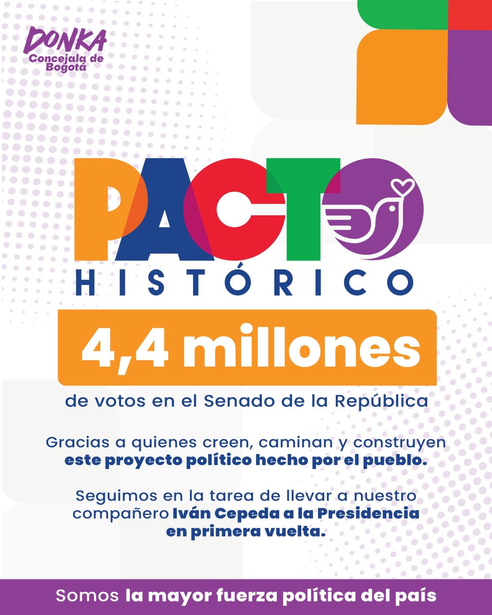 ¡Gracias por tanto! Gracias a un pueblo que avanza hacia maneras de votar y de organizar su opinión y acción política entorno a un proyecto colectivo que de verdad transforme a Colombia. Nuestra lista a Senado del #PactoHistorico es la muestra de ello, más de 4,4 millones de