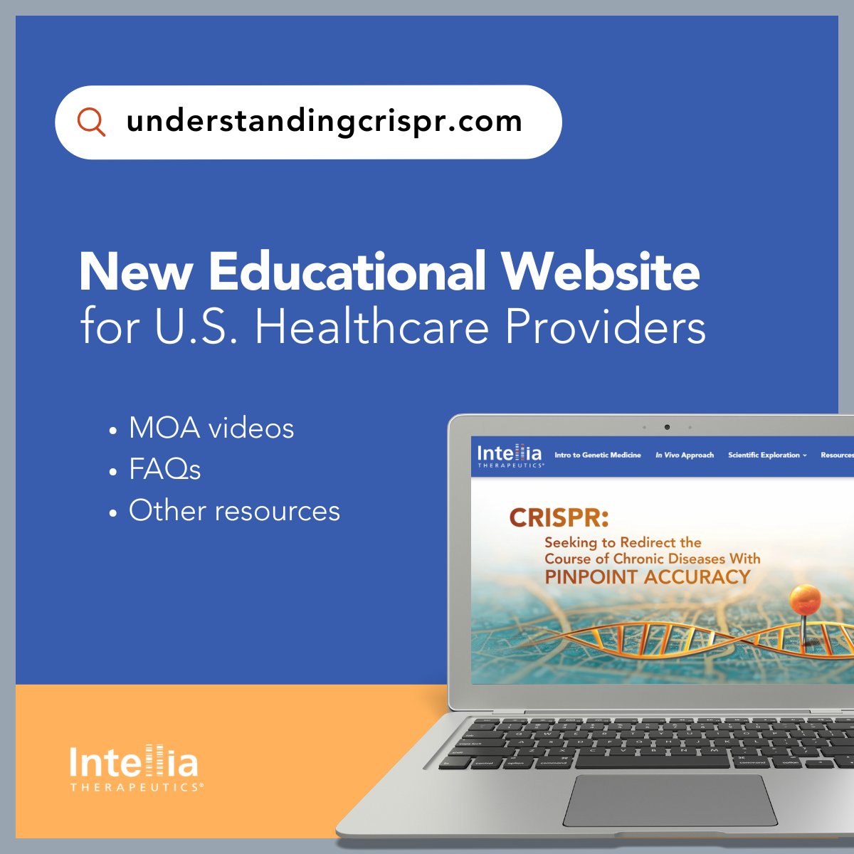 intelliatx's tweet image. We’re excited to officially launch our new #CRISPR educational website built specifically for U.S. healthcare providers.

The site includes a wealth of information, including a series of explainer videos and frequently asked questions about gene editing. 

HCPs: Take a look: