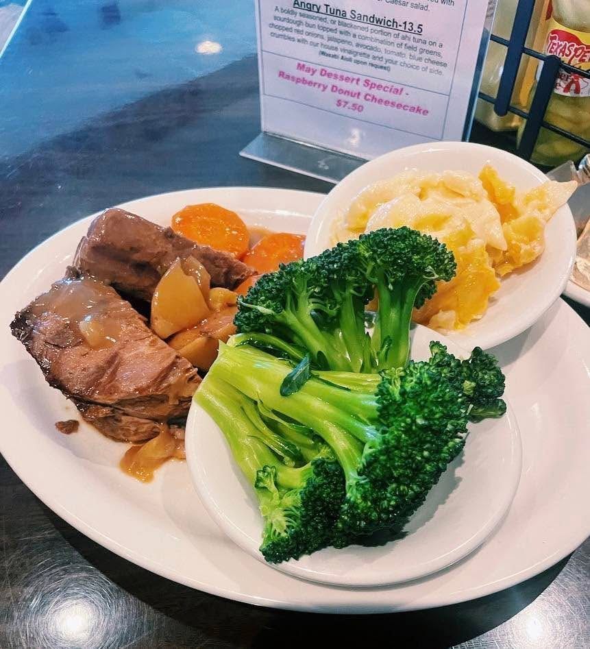 Monday means Pot Roast just like your grandma used to make.
Served with your choice of two vegetables and cornbread or roll.
