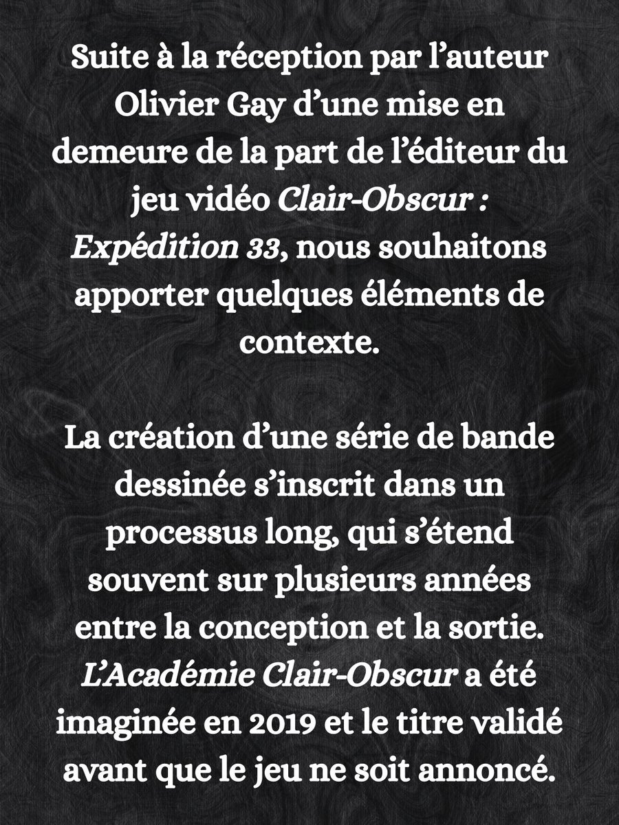 DrakooEditions's tweet photo. Communiqué à propos de la bande dessinée L'Académie Clair-Obscur. Les équipes Drakoo et Sandfall Interactive travaillent ensemble pour trouver une solution. Merci à toutes et tous pour votre soutien envers @0liviergay et Grelin. https://t.co/WbzPgfmpWc