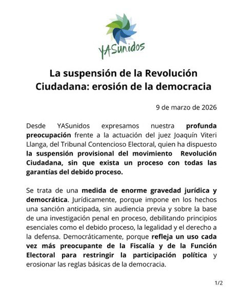 EcEnDirecto's tweet photo. #ATENCIÓN 
Mediante un comunicado, #Yasunidos expresó su preocupación por la decisión del juez del Tribunal Contencioso Electoral, Joaquín Viteri, de suspender provisionalmente al movimiento Revolución Ciudadana, sin que exista un proceso con todas las garantías posibles.
"Se trata de una medida de enorme gravedad jurídica y democrática", indicó.