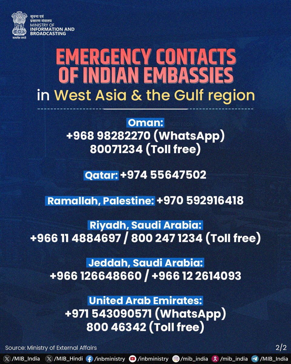 ddnewsSrinagar's tweet photo. The Ministry of External Affairs has shared emergency contact details of Indian Embassies for Indian nationals who may be in need of assistance in different parts of West Asia & the Gulf region amid the ongoing conflict.
#Helpline #WestAsia #EmergencyContact https://t.co/PEYTJS5NvJ
