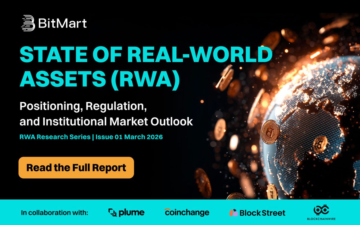 BitMart's first #RWA Research Report is live.📃

We analyzed regulatory frameworks across the U.S., EU, and Asia-Pacific - and found that infrastructure gaps, not regulation, now define the pace of institutional adoption.

Co-authored with <a href="/plumenetwork/">Plume</a> <a href="/coinchangeio/">Coinchange</a> <a href="/BlockSt_HQ/">Block Street</a>