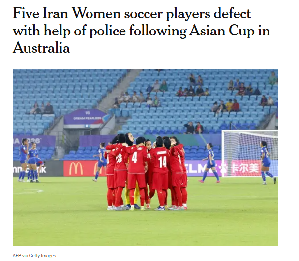 ianbremmer's tweet photo. five iranian women’s soccer players defect after being labelled “wartime traitors” for refusing to sing their national anthem before a game. https://t.co/0HWg81HNjn