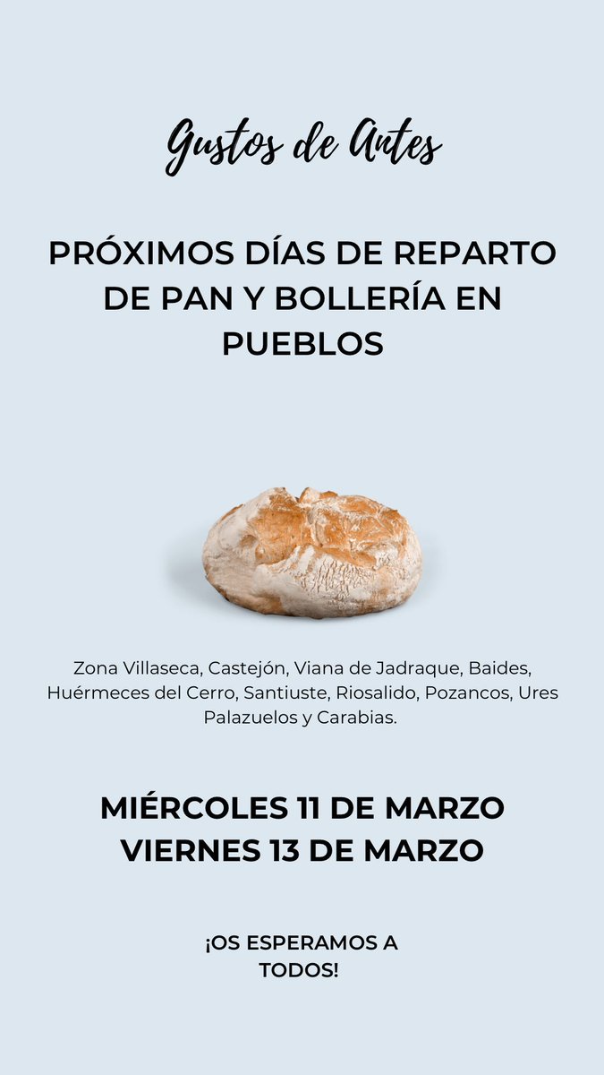 🥖 Gustos de Antes - Churrería Irene nos informa que está semana, los días de reparto de pan y bollería serán el miércoles y el viernes 🥐